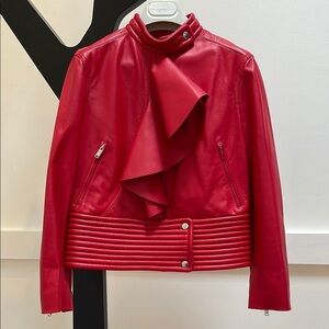 Red lambskin leather jacket by VALENTINO with ruffles size 40 Small